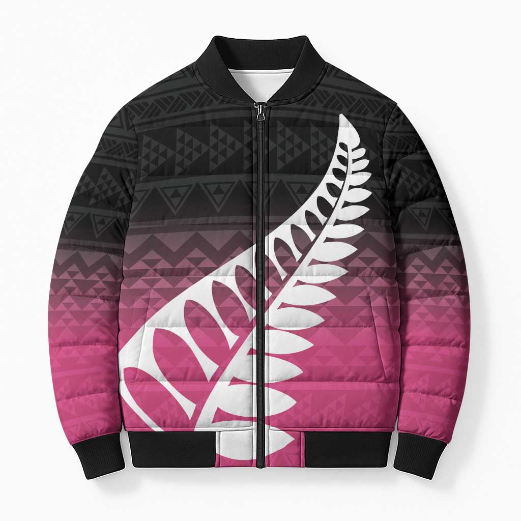 Pink Silver Fern Spirit Taniko Tukutuku Personalised Bomber Puffer Jacket LT9 Unisex Pink - Polynesian Pride