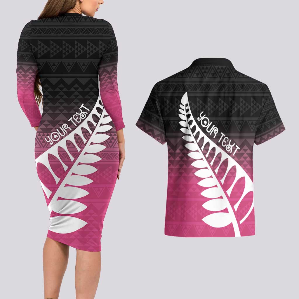 Pink Silver Fern Spirit Taniko Tukutuku Personalised Couples Matching Long Sleeve Bodycon Dress and Hawaiian Shirt LT9 - Polynesian Pride