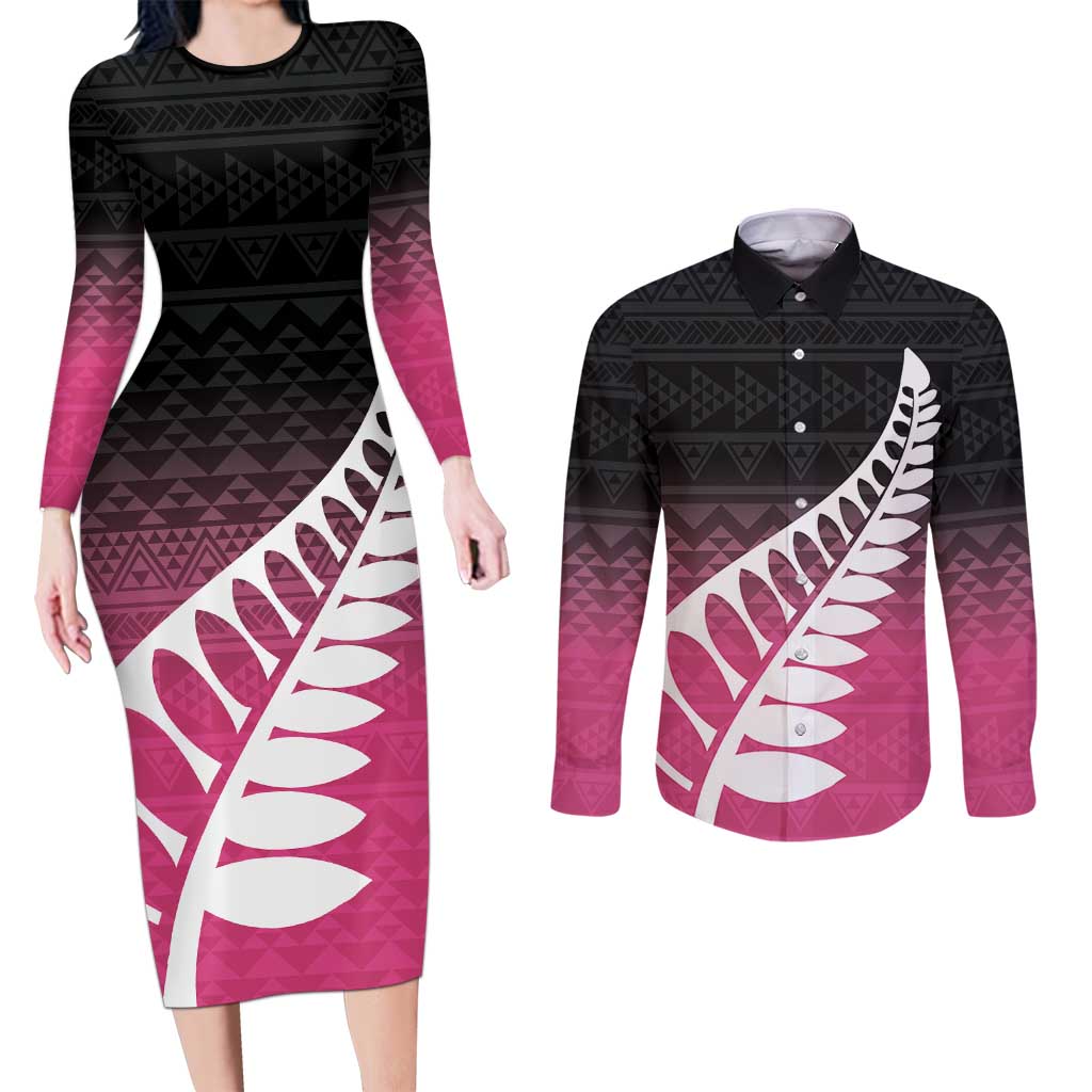 Pink Silver Fern Spirit Taniko Tukutuku Personalised Couples Matching Long Sleeve Bodycon Dress and Long Sleeve Button Shirt LT9 Pink - Polynesian Pride
