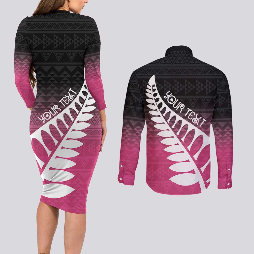 Pink Silver Fern Spirit Taniko Tukutuku Personalised Couples Matching Long Sleeve Bodycon Dress and Long Sleeve Button Shirt LT9 - Polynesian Pride