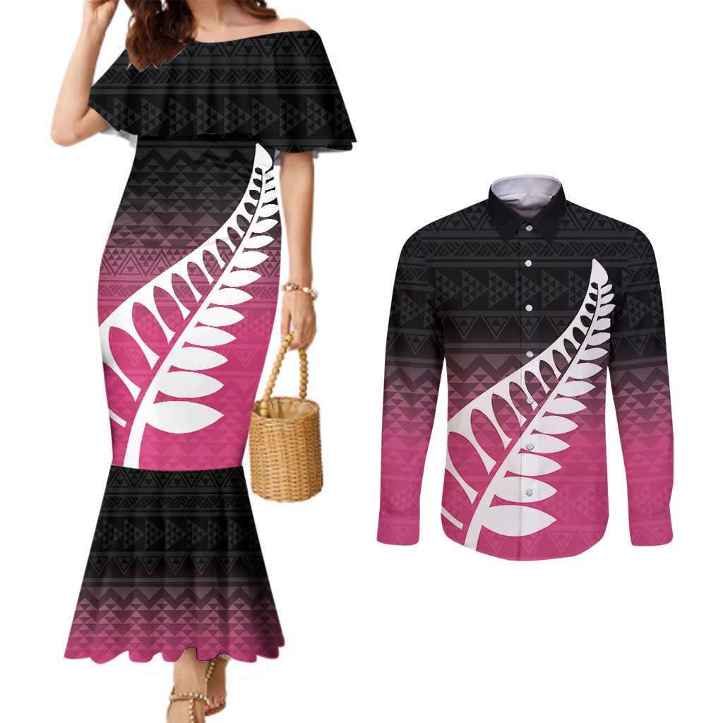 Pink Silver Fern Spirit Taniko Tukutuku Personalised Couples Matching Mermaid Dress and Long Sleeve Button Shirt LT9 Pink - Polynesian Pride