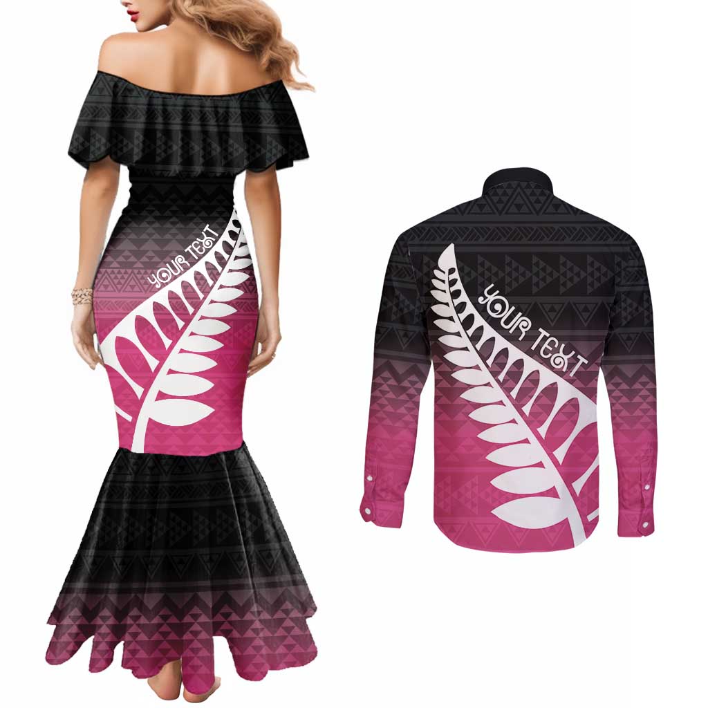 Pink Silver Fern Spirit Taniko Tukutuku Personalised Couples Matching Mermaid Dress and Long Sleeve Button Shirt LT9 - Polynesian Pride