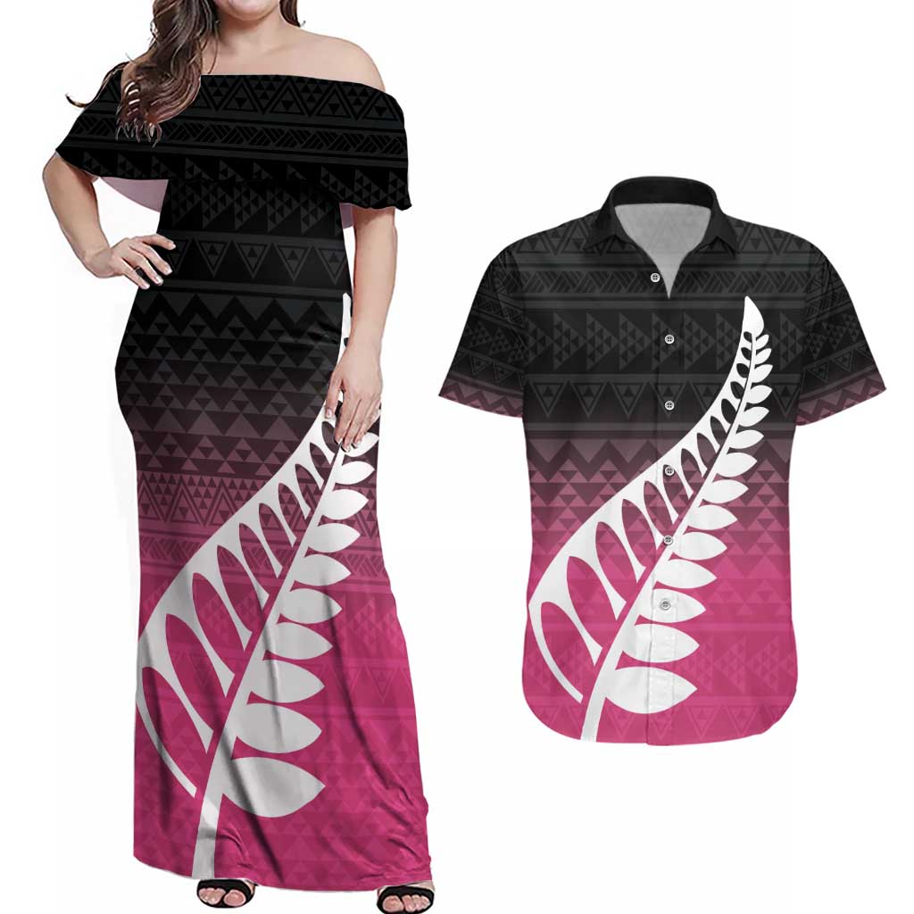 Pink Silver Fern Spirit Taniko Tukutuku Personalised Couples Matching Off Shoulder Maxi Dress and Hawaiian Shirt LT9 Pink - Polynesian Pride