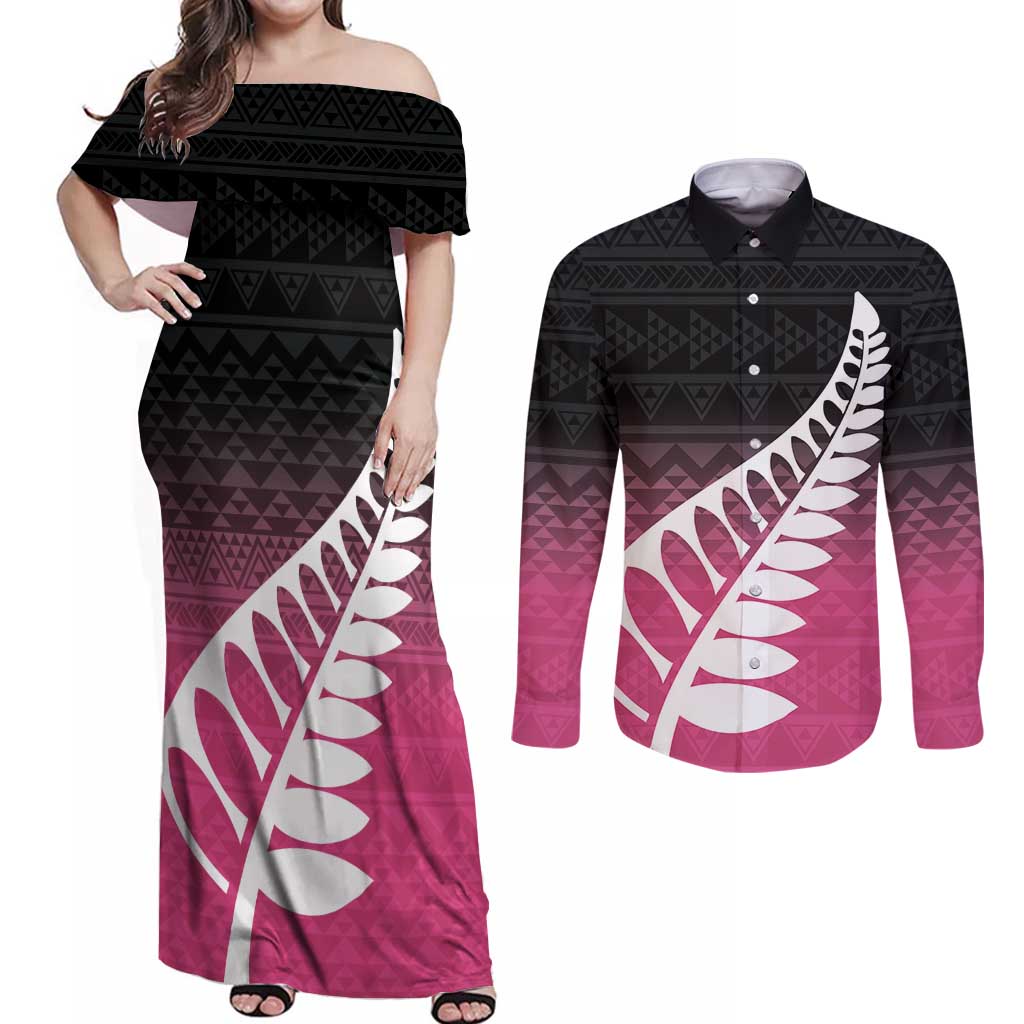 Pink Silver Fern Spirit Taniko Tukutuku Personalised Couples Matching Off Shoulder Maxi Dress and Long Sleeve Button Shirt LT9 Pink - Polynesian Pride
