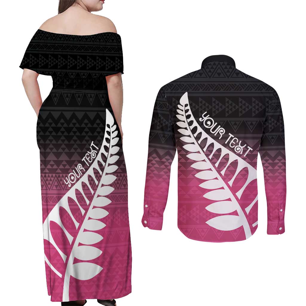 Pink Silver Fern Spirit Taniko Tukutuku Personalised Couples Matching Off Shoulder Maxi Dress and Long Sleeve Button Shirt LT9 - Polynesian Pride