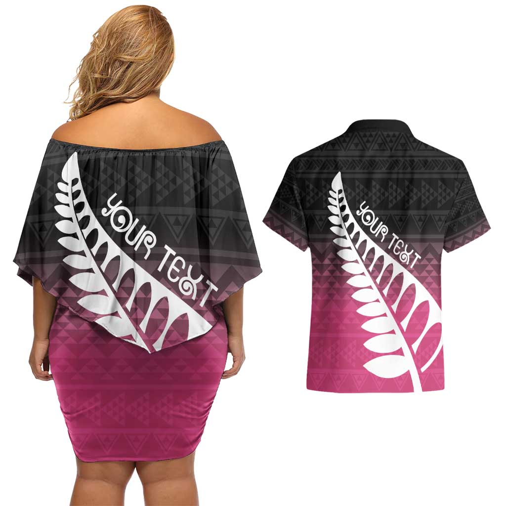 Pink Silver Fern Spirit Taniko Tukutuku Personalised Couples Matching Off Shoulder Short Dress and Hawaiian Shirt LT9 - Polynesian Pride