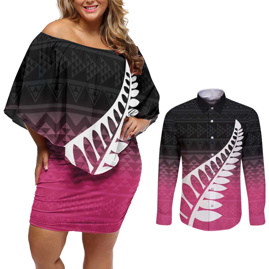 Pink Silver Fern Spirit Taniko Tukutuku Personalised Couples Matching Off Shoulder Short Dress and Long Sleeve Button Shirt LT9 Pink - Polynesian Pride