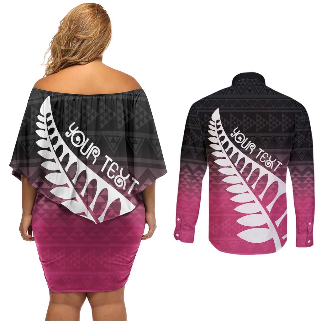 Pink Silver Fern Spirit Taniko Tukutuku Personalised Couples Matching Off Shoulder Short Dress and Long Sleeve Button Shirt LT9 - Polynesian Pride