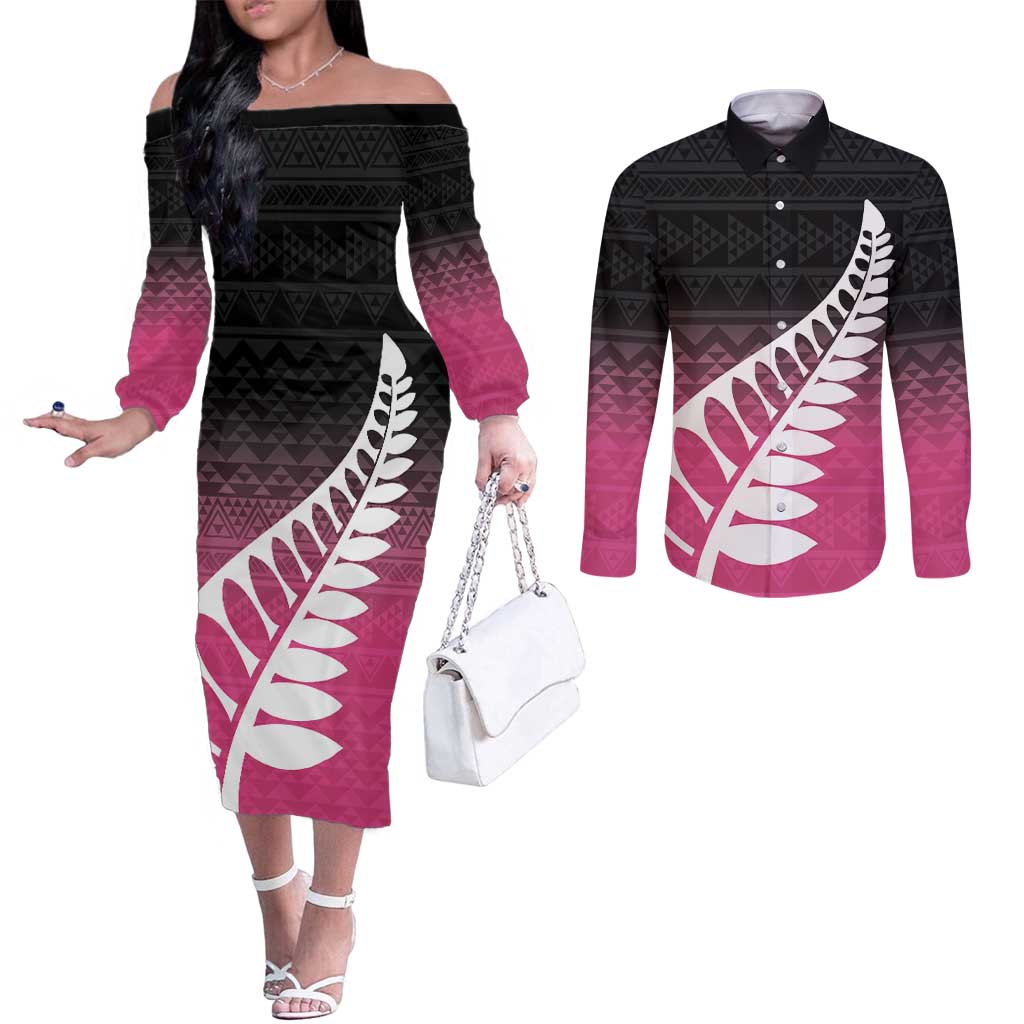 Pink Silver Fern Spirit Taniko Tukutuku Personalised Couples Matching Off The Shoulder Long Sleeve Dress and Long Sleeve Button Shirt LT9 Pink - Polynesian Pride