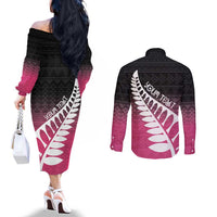 Pink Silver Fern Spirit Taniko Tukutuku Personalised Couples Matching Off The Shoulder Long Sleeve Dress and Long Sleeve Button Shirt LT9 - Polynesian Pride
