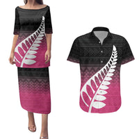 Pink Silver Fern Spirit Taniko Tukutuku Personalised Couples Matching Puletasi and Hawaiian Shirt LT9 Pink - Polynesian Pride