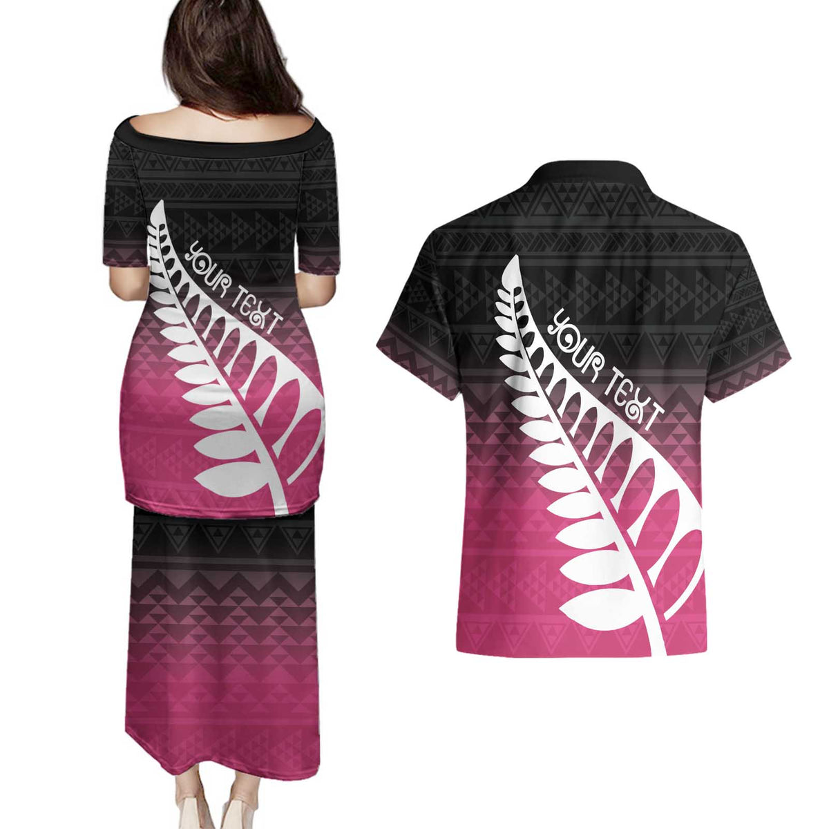 Pink Silver Fern Spirit Taniko Tukutuku Personalised Couples Matching Puletasi and Hawaiian Shirt LT9 - Polynesian Pride