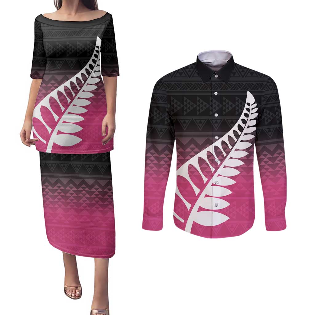 Pink Silver Fern Spirit Taniko Tukutuku Personalised Couples Matching Puletasi and Long Sleeve Button Shirt LT9 Pink - Polynesian Pride