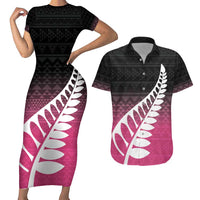 Pink Silver Fern Spirit Taniko Tukutuku Personalised Couples Matching Short Sleeve Bodycon Dress and Hawaiian Shirt LT9 Pink - Polynesian Pride