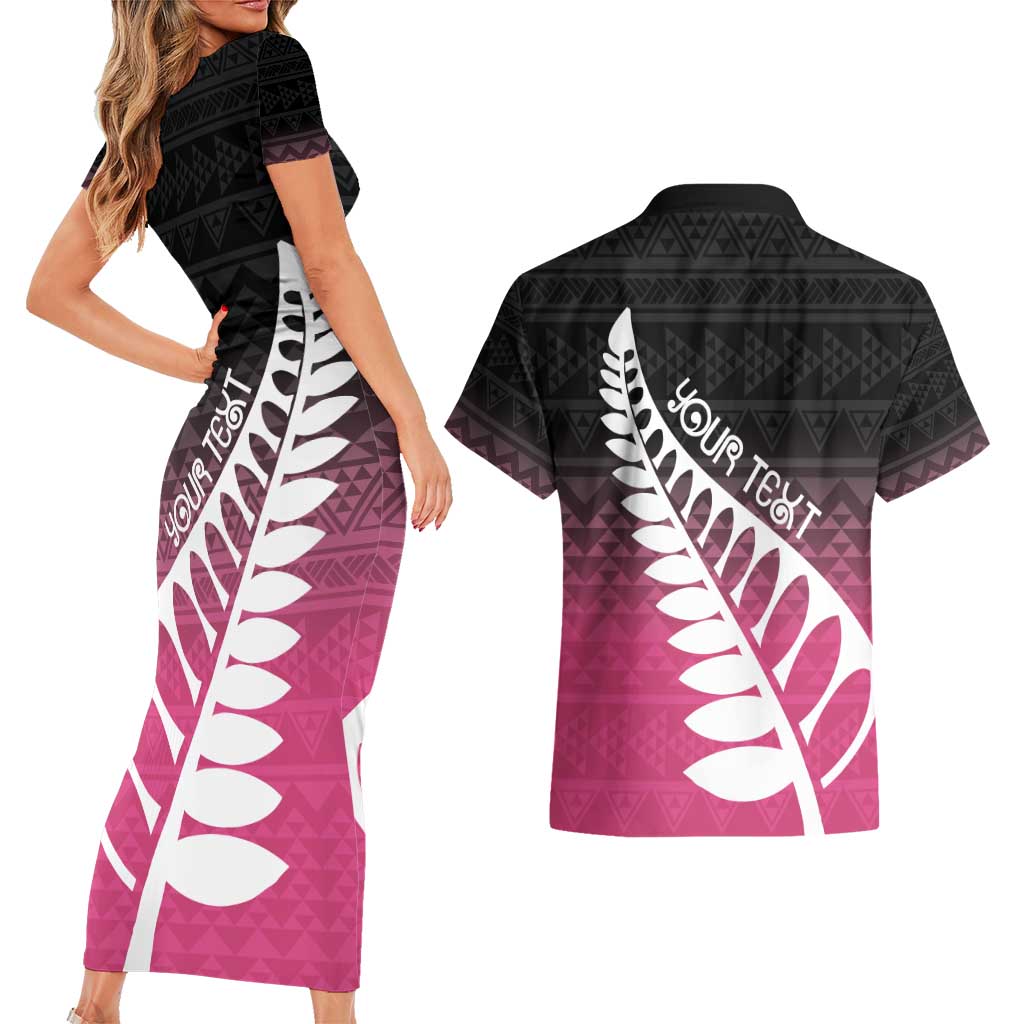 Pink Silver Fern Spirit Taniko Tukutuku Personalised Couples Matching Short Sleeve Bodycon Dress and Hawaiian Shirt LT9 - Polynesian Pride