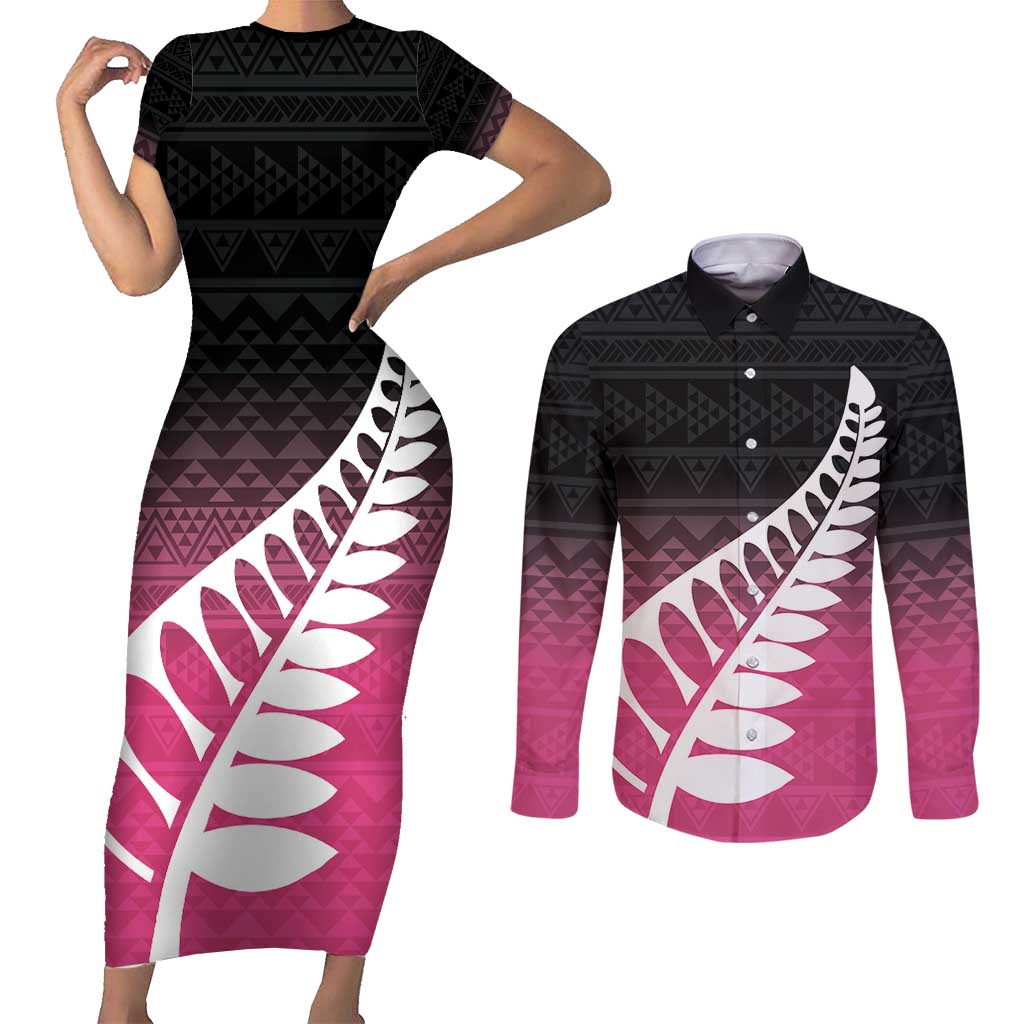 Pink Silver Fern Spirit Taniko Tukutuku Personalised Couples Matching Short Sleeve Bodycon Dress and Long Sleeve Button Shirt LT9 Pink - Polynesian Pride