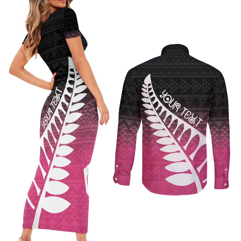 Pink Silver Fern Spirit Taniko Tukutuku Personalised Couples Matching Short Sleeve Bodycon Dress and Long Sleeve Button Shirt LT9 - Polynesian Pride
