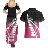 Pink Silver Fern Spirit Taniko Tukutuku Personalised Couples Matching Summer Maxi Dress and Hawaiian Shirt LT9 - Polynesian Pride