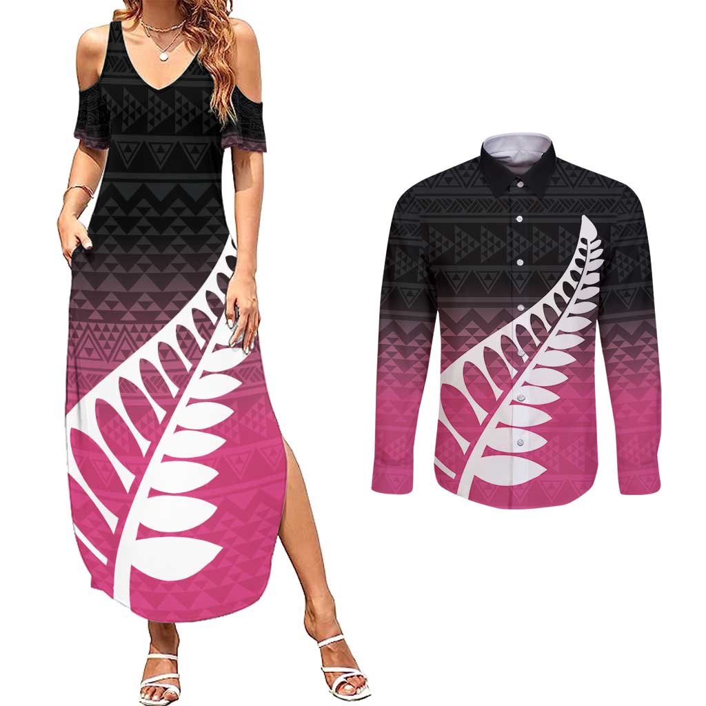 Pink Silver Fern Spirit Taniko Tukutuku Personalised Couples Matching Summer Maxi Dress and Long Sleeve Button Shirt LT9 Pink - Polynesian Pride