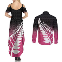 Pink Silver Fern Spirit Taniko Tukutuku Personalised Couples Matching Summer Maxi Dress and Long Sleeve Button Shirt LT9 - Polynesian Pride