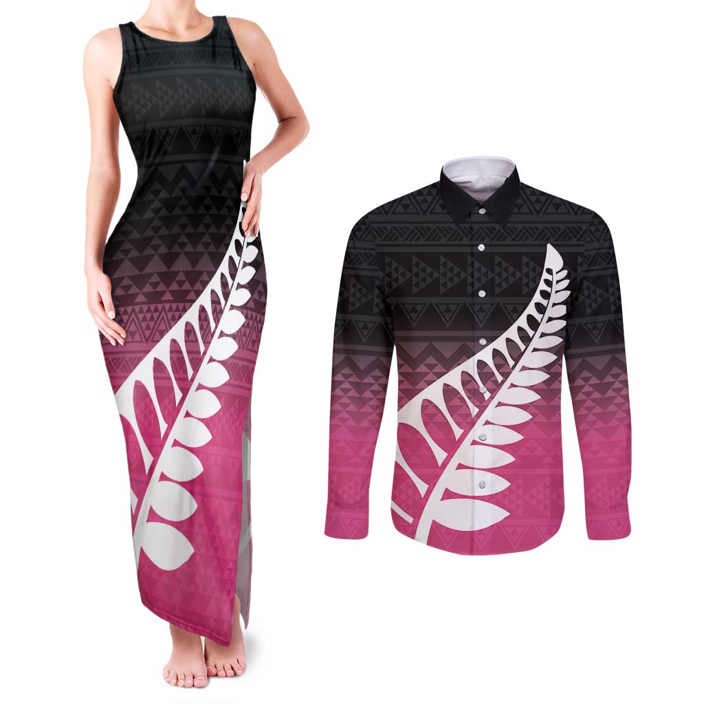 Pink Silver Fern Spirit Taniko Tukutuku Personalised Couples Matching Tank Maxi Dress and Long Sleeve Button Shirt LT9 Pink - Polynesian Pride