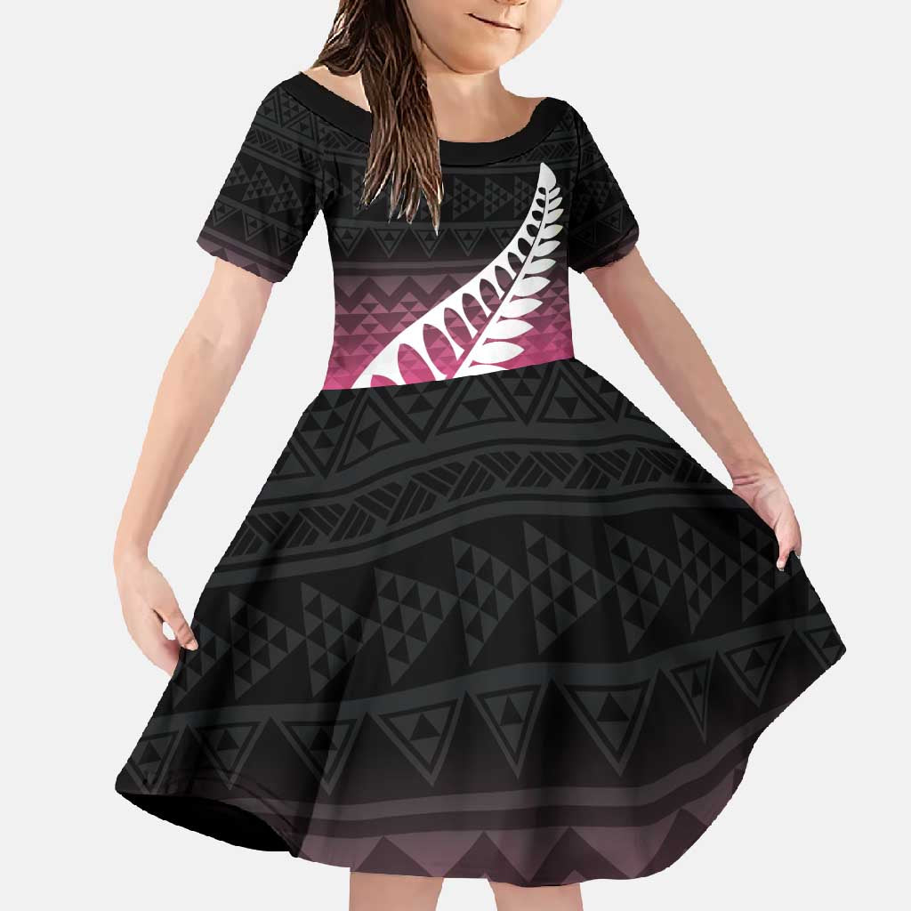 Pink Silver Fern Spirit Taniko Tukutuku Personalised Family Matching Long Sleeve Bodycon Dress and Hawaiian Shirt LT9 Daughter's Dress Pink - Polynesian Pride