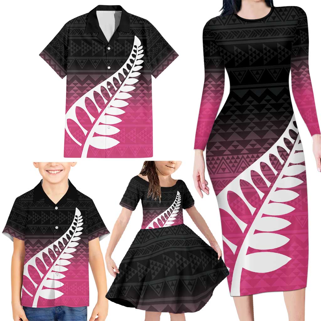 Pink Silver Fern Spirit Taniko Tukutuku Personalised Family Matching Long Sleeve Bodycon Dress and Hawaiian Shirt LT9 - Polynesian Pride