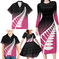 Pink Silver Fern Spirit Taniko Tukutuku Personalised Family Matching Long Sleeve Bodycon Dress and Hawaiian Shirt LT9 - Polynesian Pride