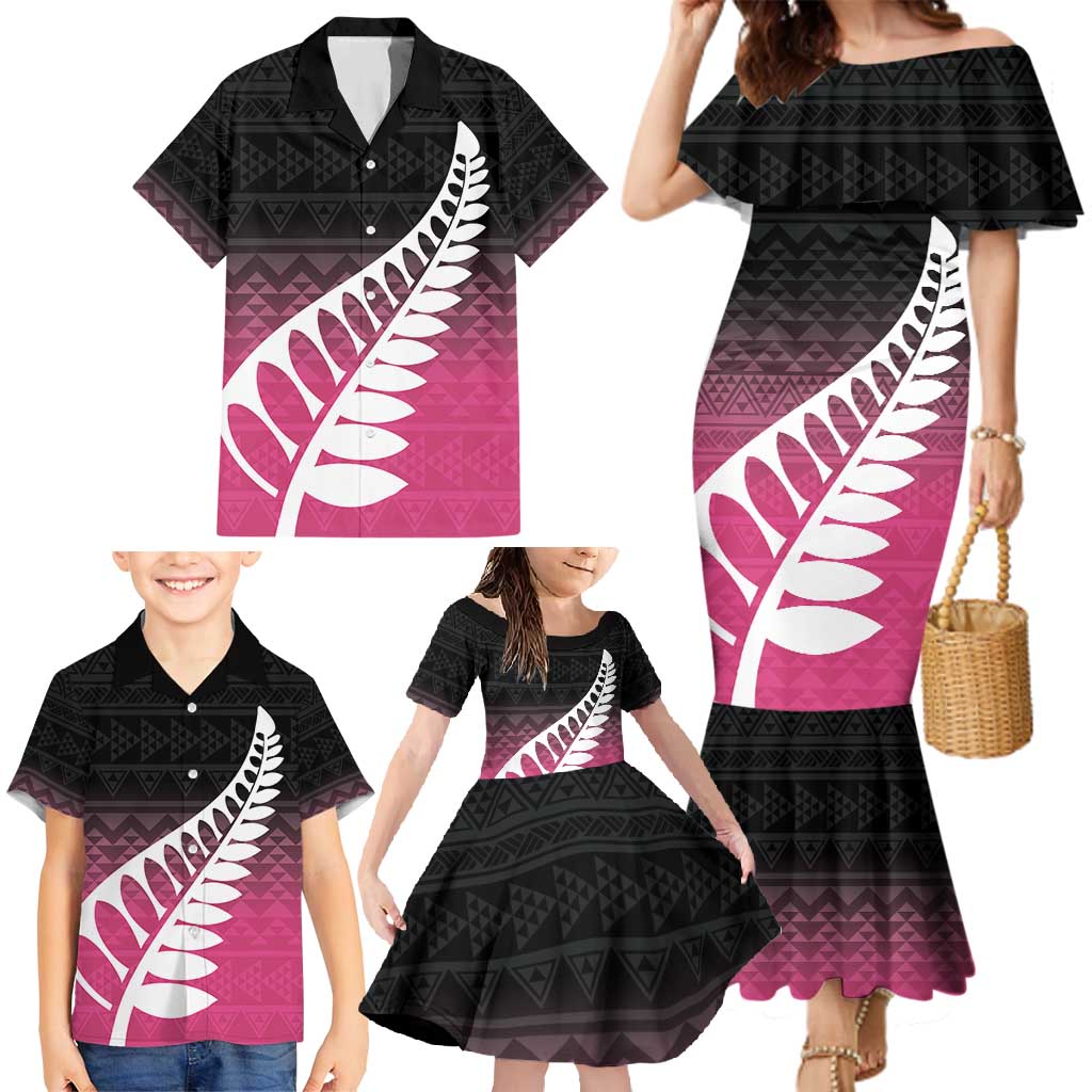 Pink Silver Fern Spirit Taniko Tukutuku Personalised Family Matching Mermaid Dress and Hawaiian Shirt LT9 - Polynesian Pride