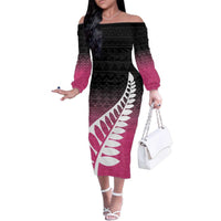 Pink Silver Fern Spirit Taniko Tukutuku Personalised Family Matching Off The Shoulder Long Sleeve Dress and Hawaiian Shirt LT9 Mom's Dress Pink - Polynesian Pride