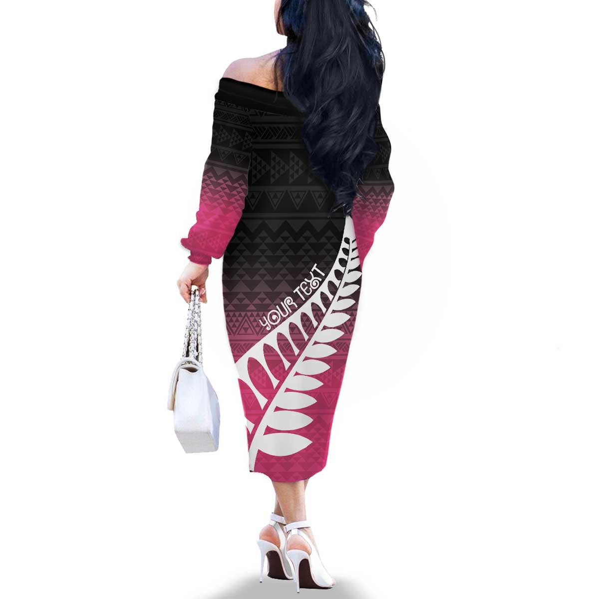 Pink Silver Fern Spirit Taniko Tukutuku Personalised Family Matching Off The Shoulder Long Sleeve Dress and Hawaiian Shirt LT9 - Polynesian Pride