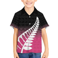 Pink Silver Fern Spirit Taniko Tukutuku Personalised Family Matching Off The Shoulder Long Sleeve Dress and Hawaiian Shirt LT9 Son's Shirt Pink - Polynesian Pride
