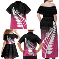 Pink Silver Fern Spirit Taniko Tukutuku Personalised Family Matching Off Shoulder Maxi Dress and Hawaiian Shirt LT9 - Polynesian Pride