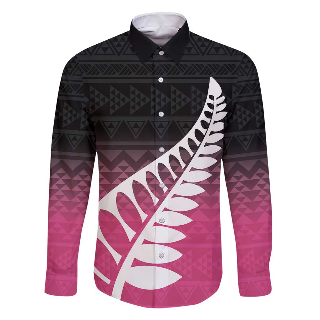 Pink Silver Fern Spirit Taniko Tukutuku Personalised Family Matching Off Shoulder Maxi Dress and Hawaiian Shirt LT9 Dad's Shirt - Long Sleeve Pink - Polynesian Pride