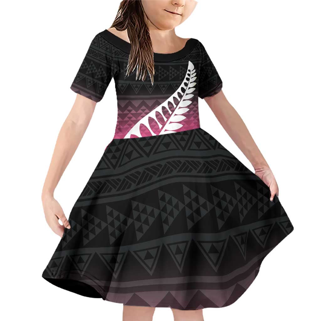 Pink Silver Fern Spirit Taniko Tukutuku Personalised Family Matching Off Shoulder Short Dress and Hawaiian Shirt LT9 Daughter's Dress Pink - Polynesian Pride