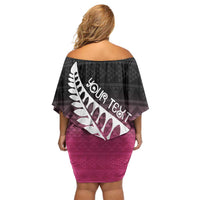Pink Silver Fern Spirit Taniko Tukutuku Personalised Family Matching Off Shoulder Short Dress and Hawaiian Shirt LT9 - Polynesian Pride