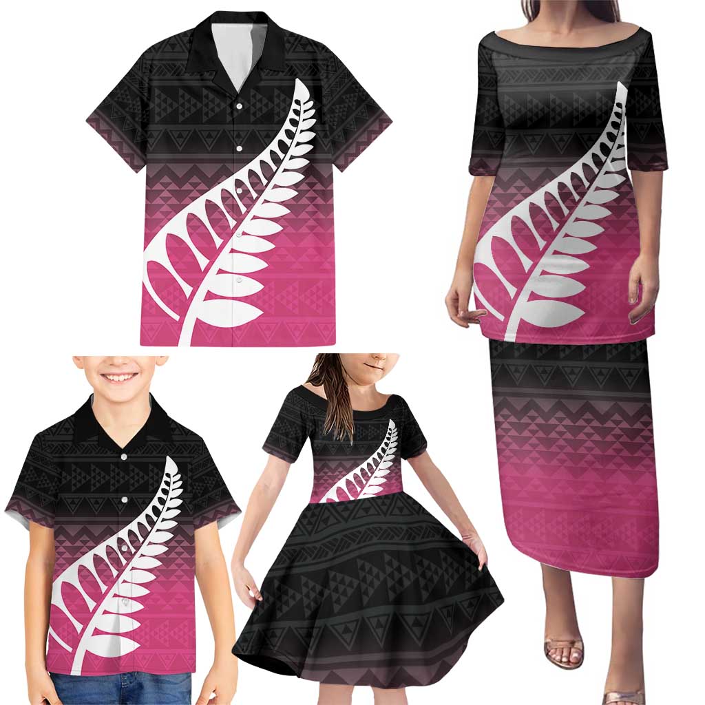Pink Silver Fern Spirit Taniko Tukutuku Personalised Family Matching Puletasi and Hawaiian Shirt LT9 - Polynesian Pride