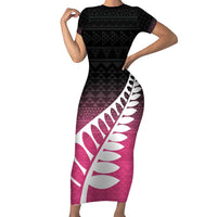 Pink Silver Fern Spirit Taniko Tukutuku Personalised Family Matching Short Sleeve Bodycon Dress and Hawaiian Shirt LT9 Mom's Dress Pink - Polynesian Pride