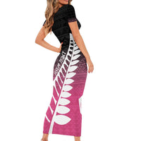 Pink Silver Fern Spirit Taniko Tukutuku Personalised Family Matching Short Sleeve Bodycon Dress and Hawaiian Shirt LT9 - Polynesian Pride