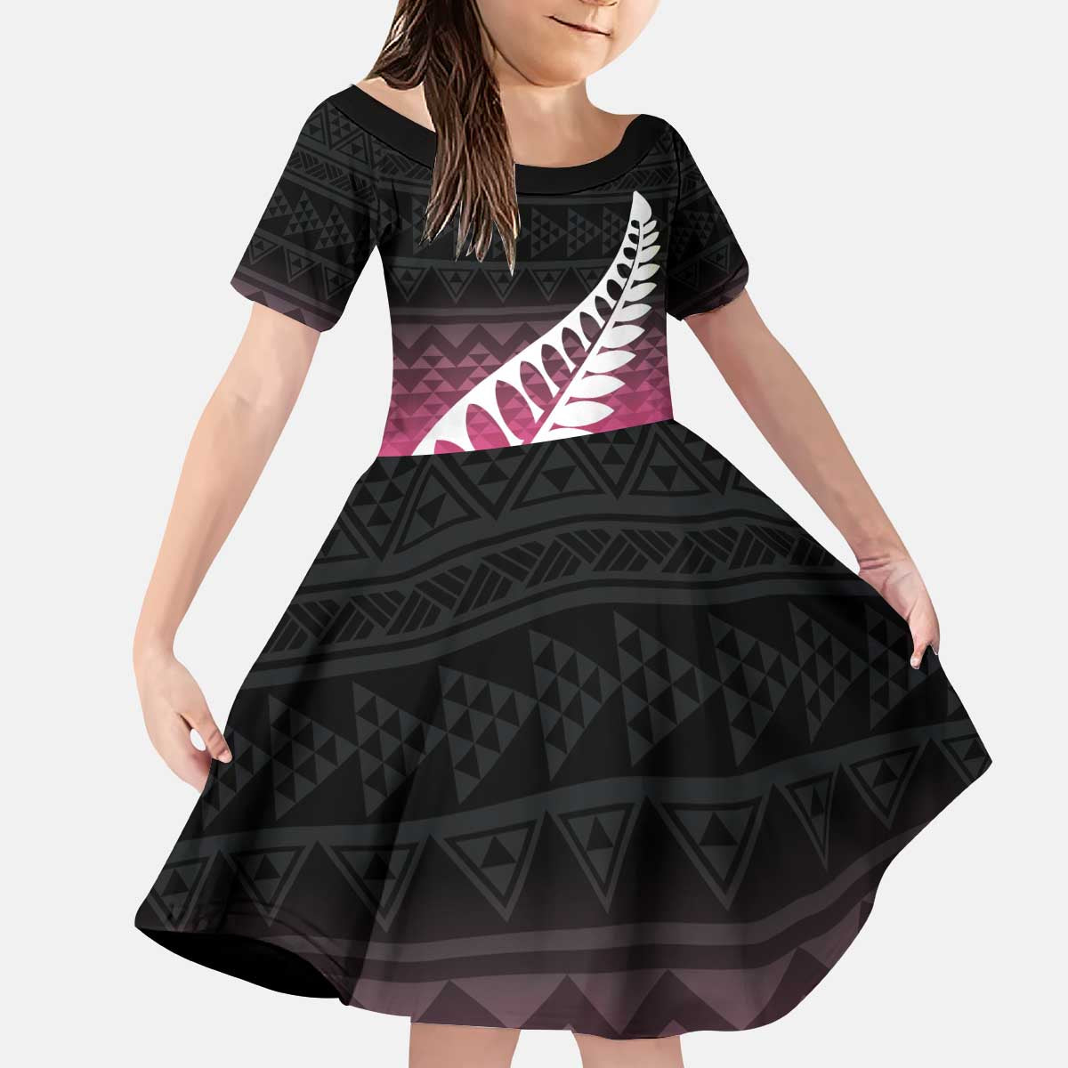 Pink Silver Fern Spirit Taniko Tukutuku Personalised Kid Short Sleeve Dress LT9 KID Pink - Polynesian Pride
