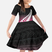 Pink Silver Fern Spirit Taniko Tukutuku Personalised Kid Short Sleeve Dress LT9 KID Pink - Polynesian Pride