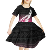 Pink Silver Fern Spirit Taniko Tukutuku Personalised Kid Short Sleeve Dress LT9 - Polynesian Pride