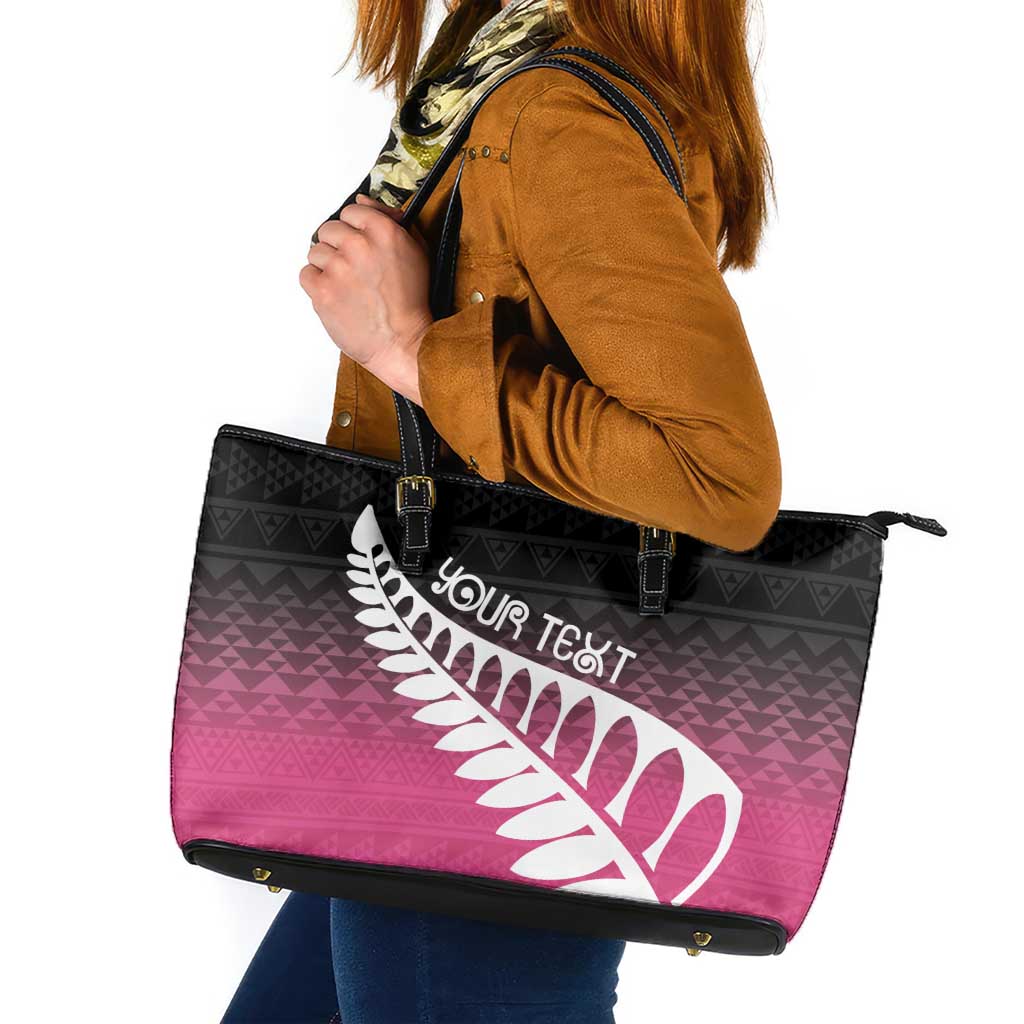 Pink Silver Fern Spirit Taniko Tukutuku Personalised Leather Tote Bag LT9 Pink - Polynesian Pride
