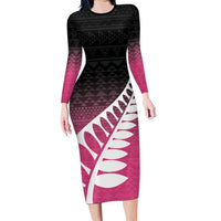 Pink Silver Fern Spirit Taniko Tukutuku Personalised Long Sleeve Bodycon Dress LT9 Long Dress Pink - Polynesian Pride