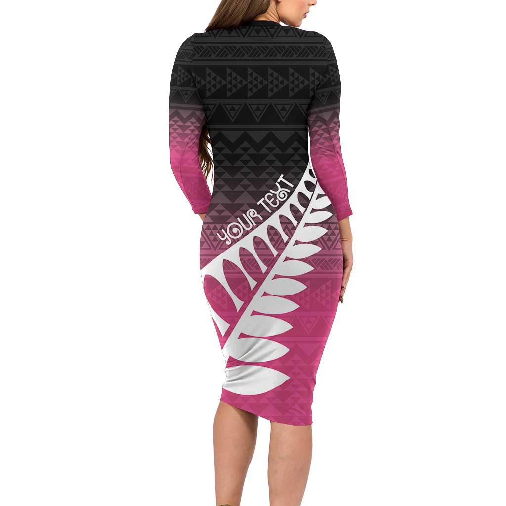 Pink Silver Fern Spirit Taniko Tukutuku Personalised Long Sleeve Bodycon Dress LT9 - Polynesian Pride