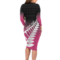 Pink Silver Fern Spirit Taniko Tukutuku Personalised Long Sleeve Bodycon Dress LT9 - Polynesian Pride