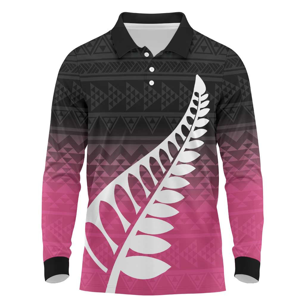 Pink Silver Fern Spirit Taniko Tukutuku Personalised Long Sleeve Polo Shirt LT9 Pink - Polynesian Pride