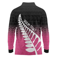 Pink Silver Fern Spirit Taniko Tukutuku Personalised Long Sleeve Polo Shirt LT9 - Polynesian Pride