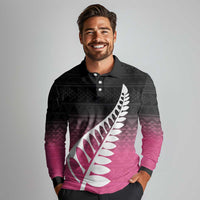 Pink Silver Fern Spirit Taniko Tukutuku Personalised Long Sleeve Polo Shirt LT9 - Polynesian Pride