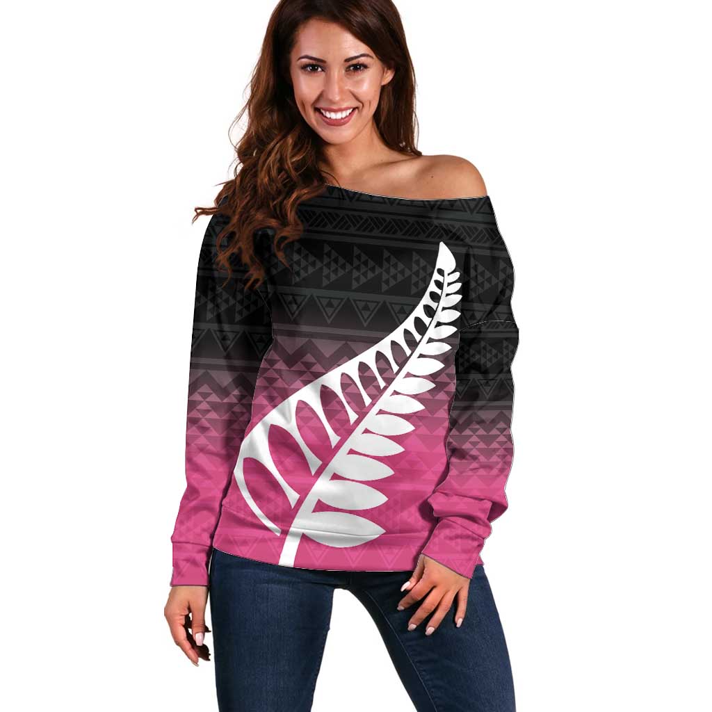 Pink Silver Fern Spirit Taniko Tukutuku Personalised Off Shoulder Sweater LT9 Women Pink - Polynesian Pride